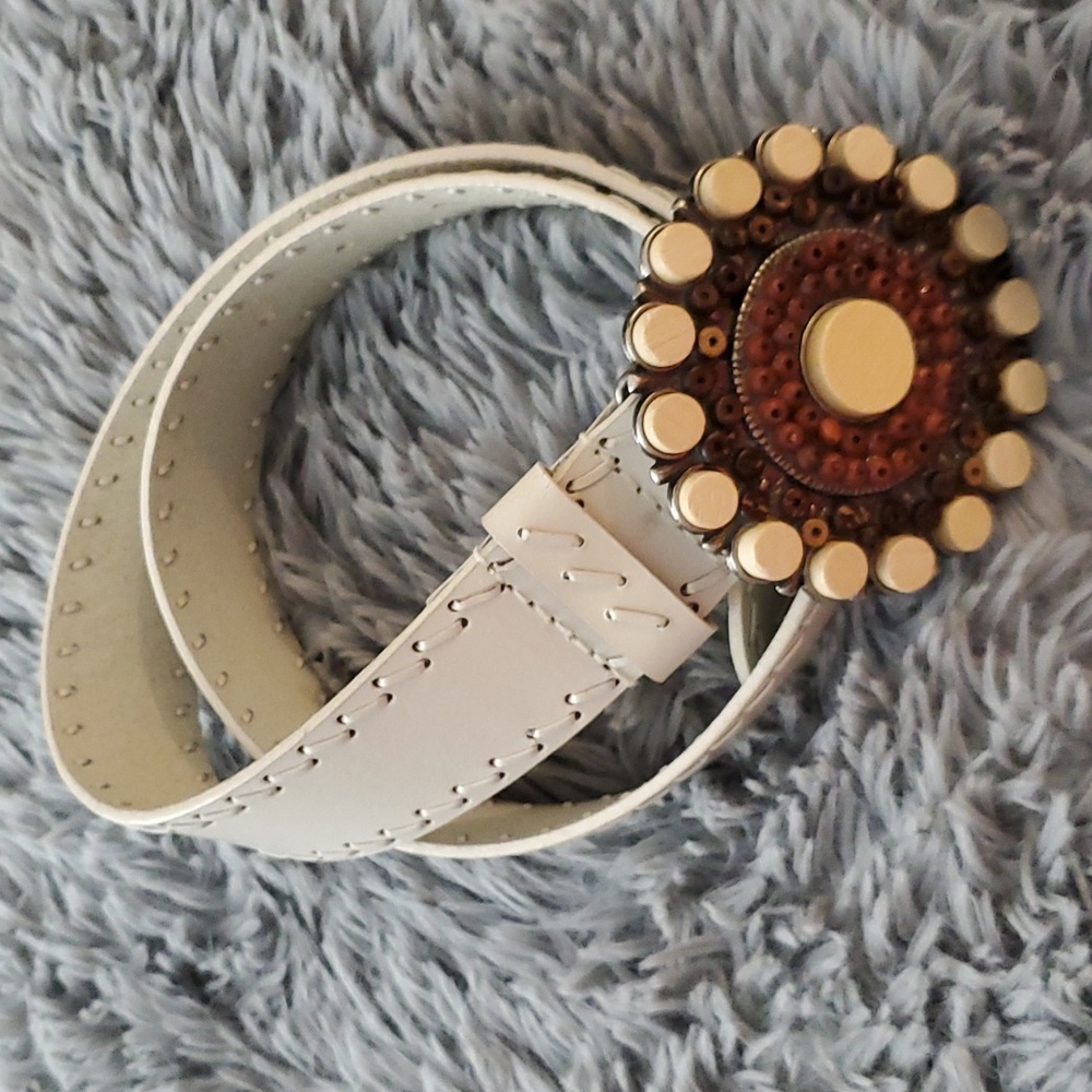 Off-White Leather Women's Belt with Brown/Off-White Stone Bling Boho